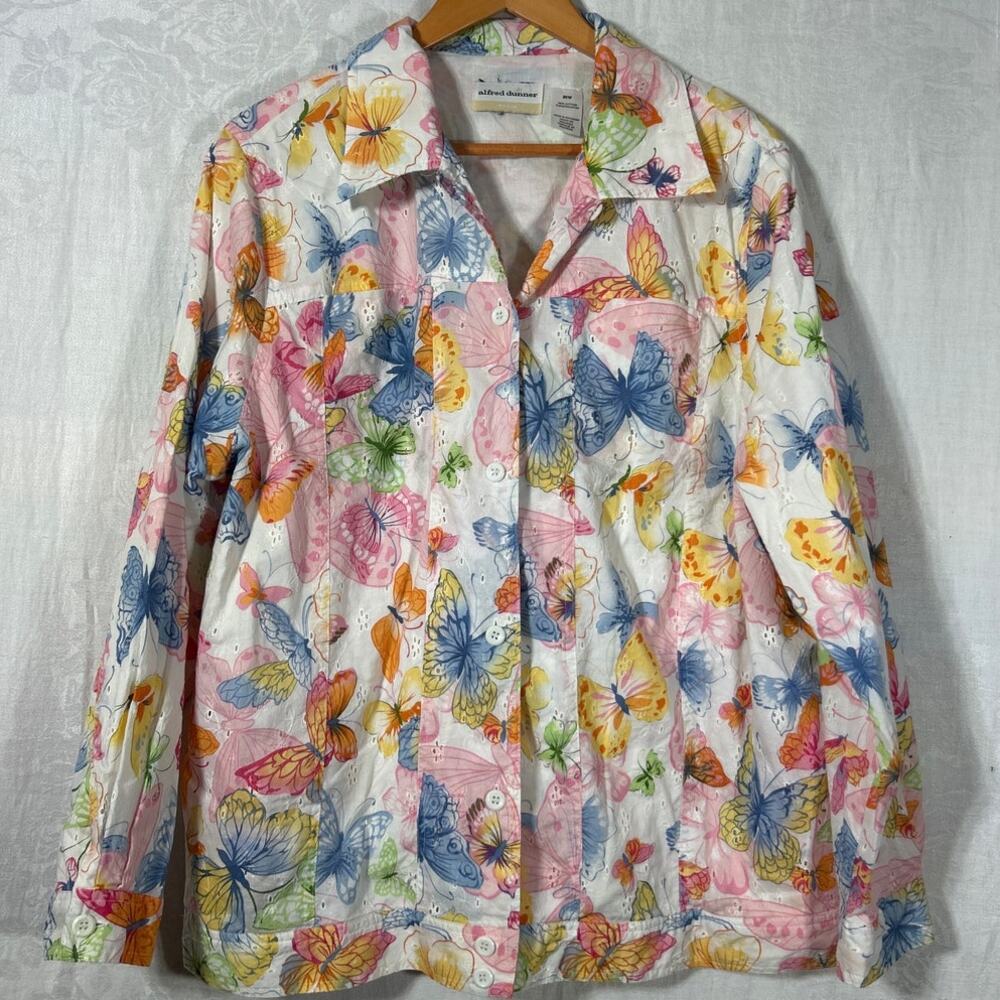 Alfred Dunner Jacket 20W Colorful Pastel Butterflies Eyelet Button Up Blazer
